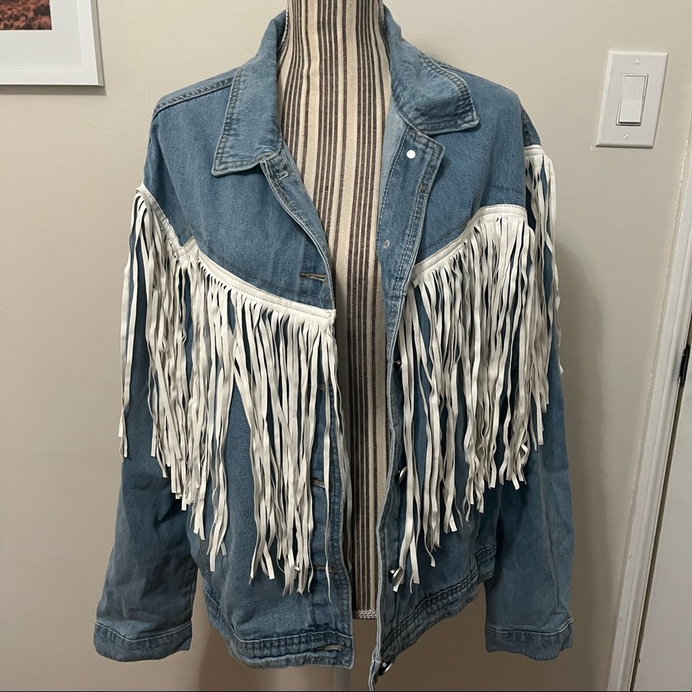SHEIN Blue Jean Jacket with Fringe